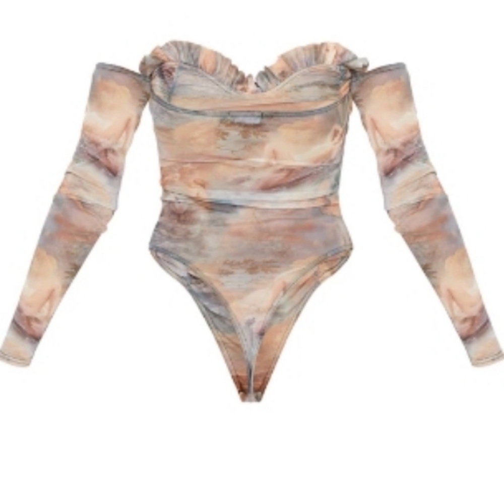 New Multi Water Renaissance Printed Mesh Ruched Bardot Bodysuit size US 4 - Picture 3 of 8